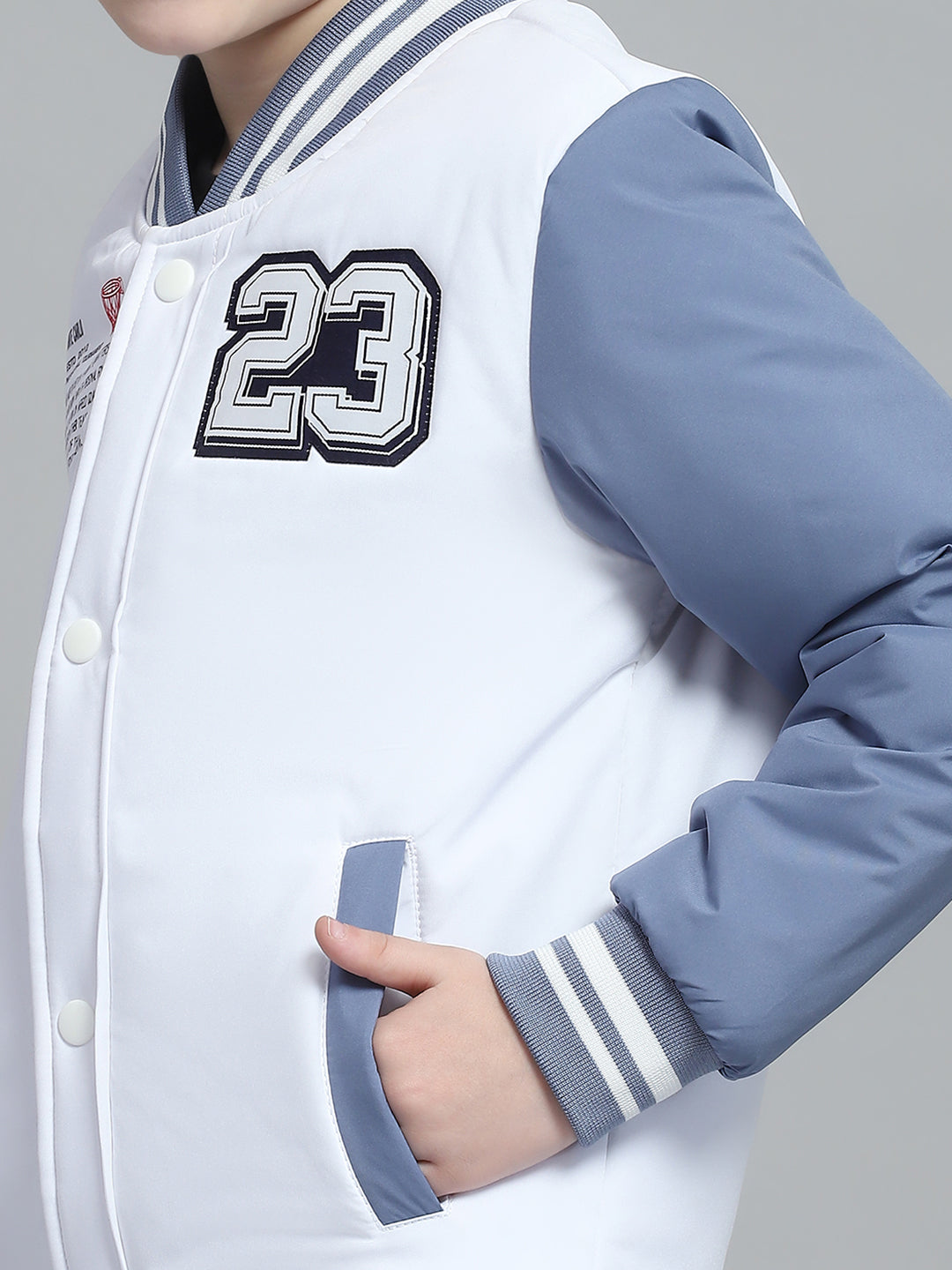 Boys White Printed Band Collar Full Sleeve Jacket
