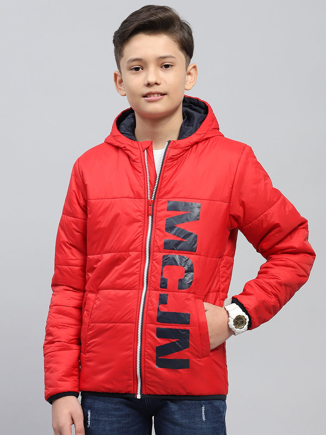 Boys Red Printed Hooded Full Sleeve Jacket