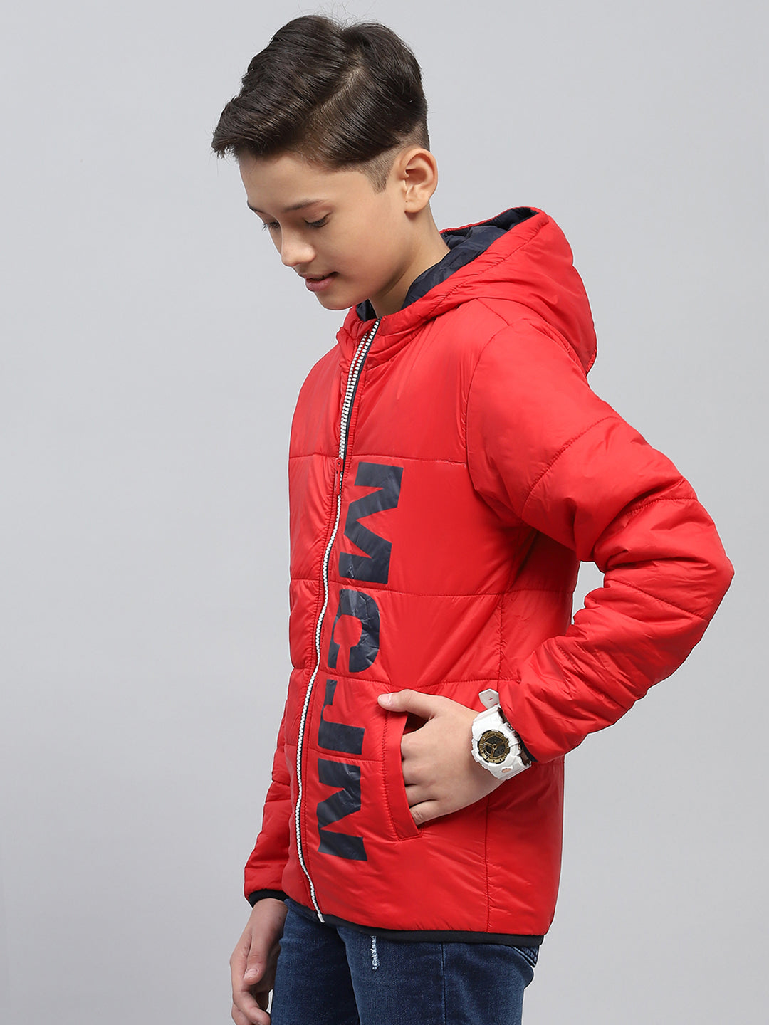 Boys Red Printed Hooded Full Sleeve Jacket