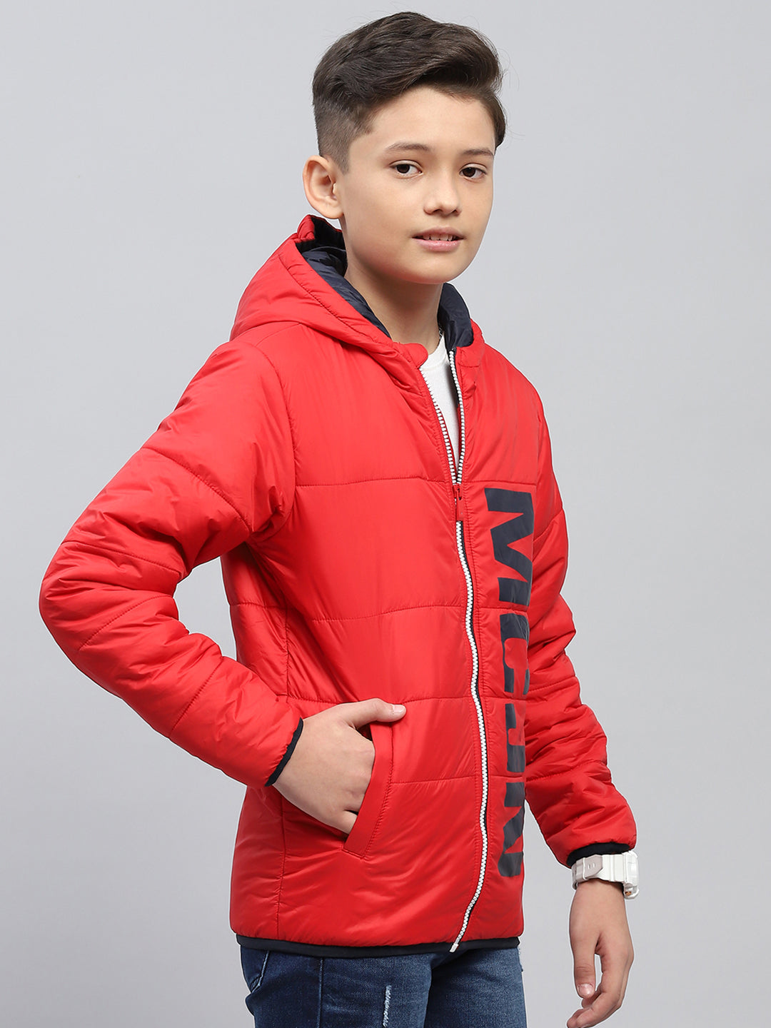Boys Red Printed Hooded Full Sleeve Jacket