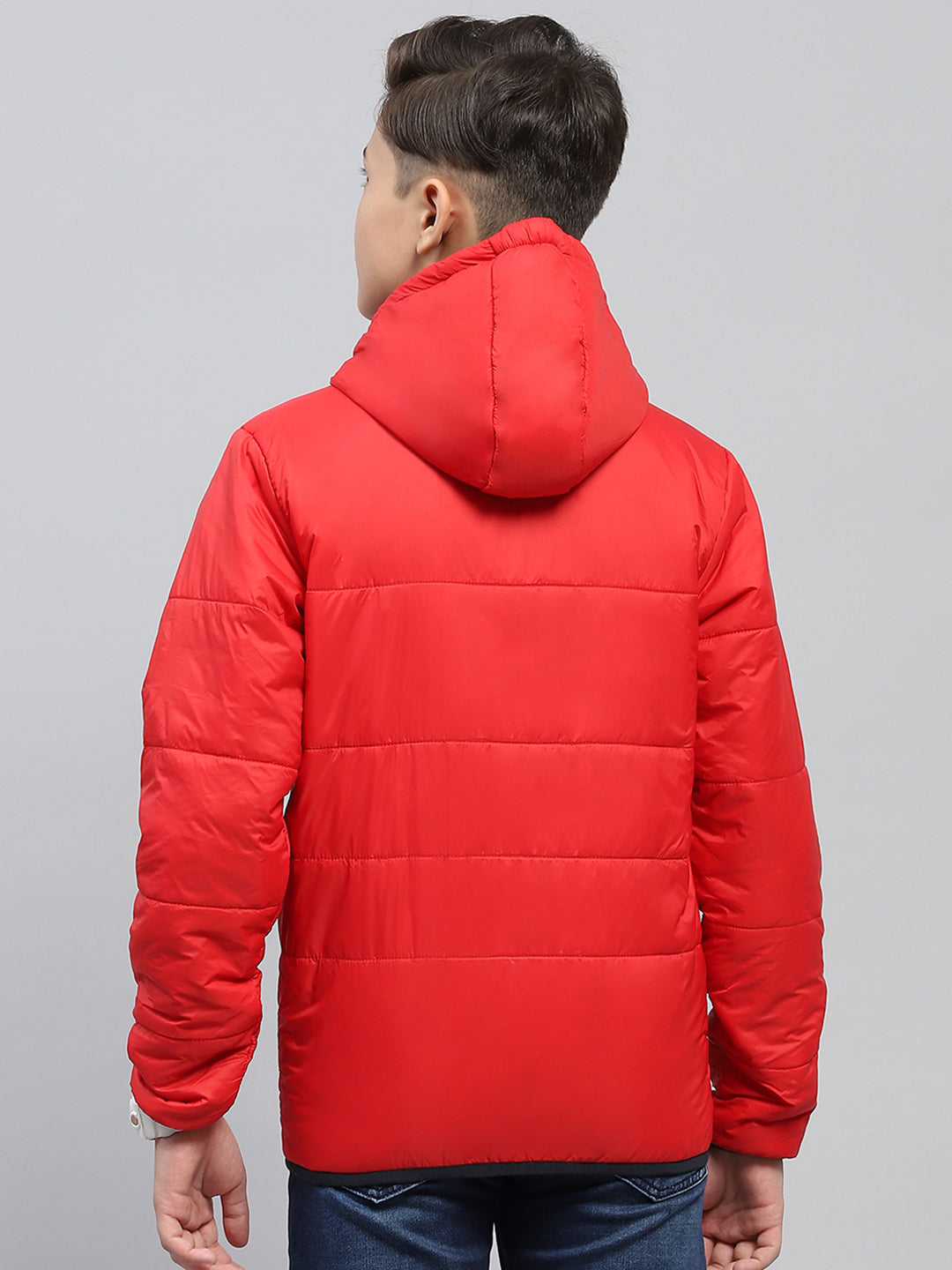 Boys Red Printed Hooded Full Sleeve Jacket