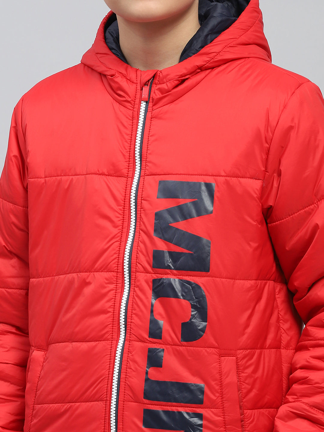 Boys Red Printed Hooded Full Sleeve Jacket