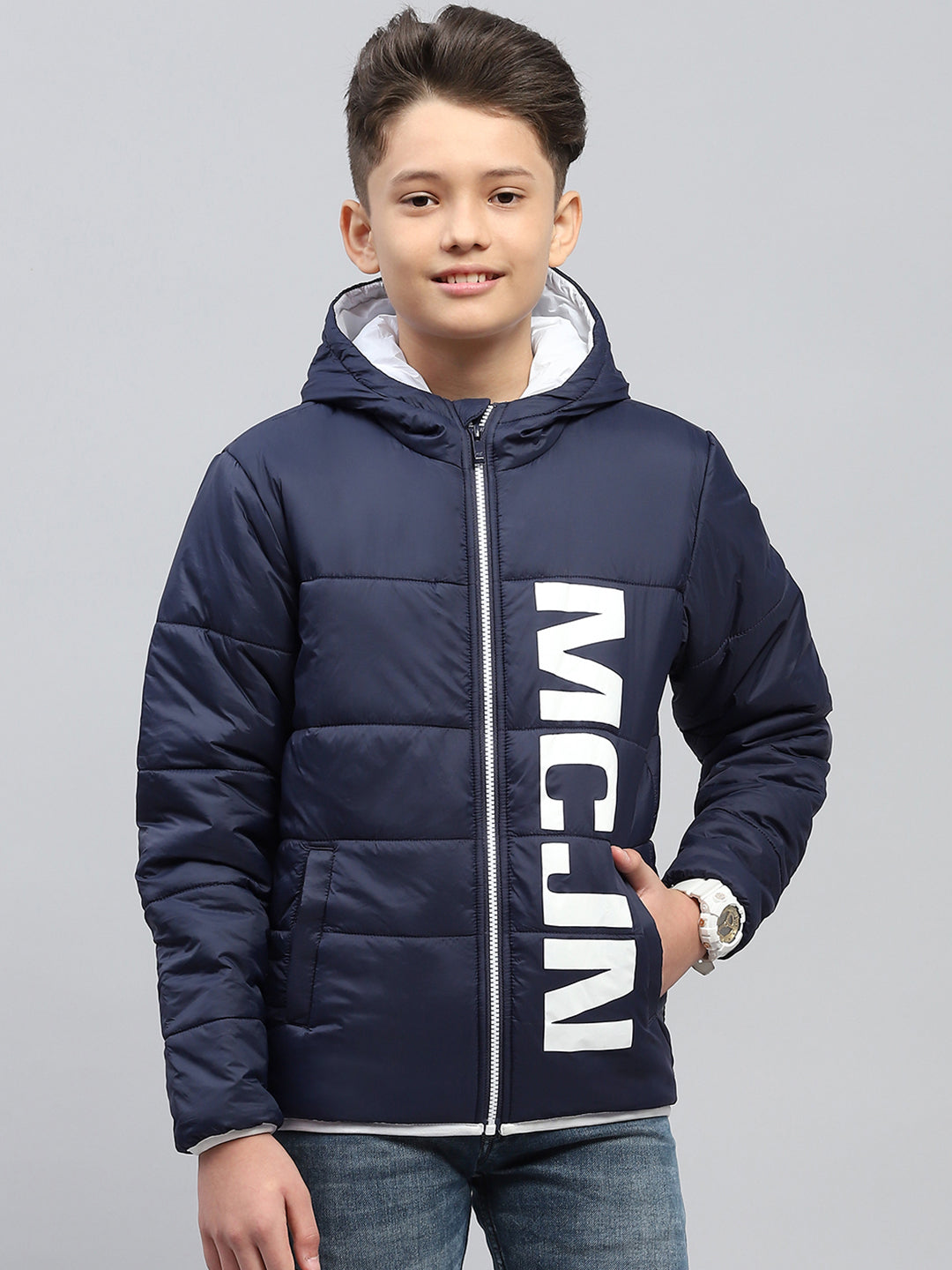 Boys Navy Blue Printed Hooded Full Sleeve Jacket