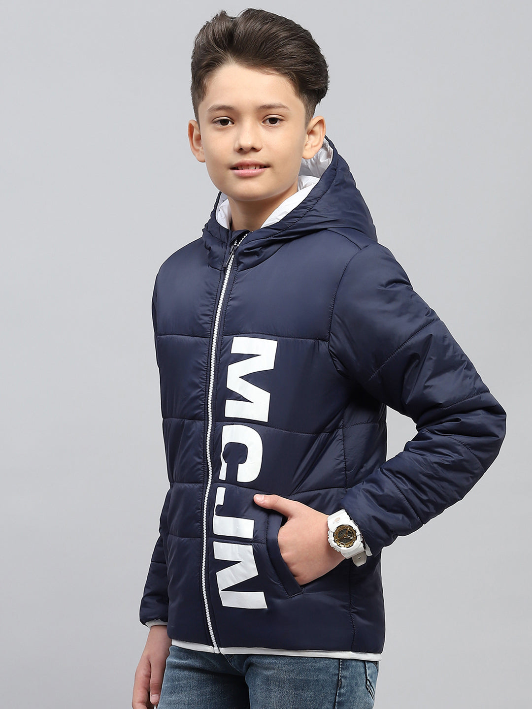 Boys Navy Blue Printed Hooded Full Sleeve Jacket