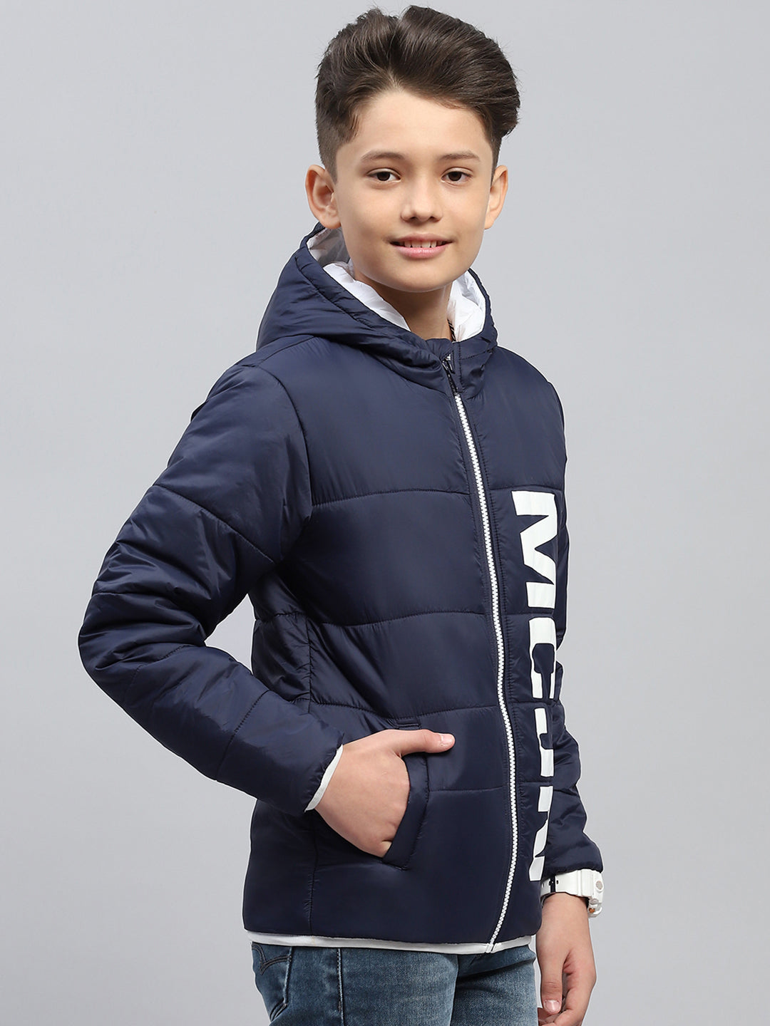 Boys Navy Blue Printed Hooded Full Sleeve Jacket