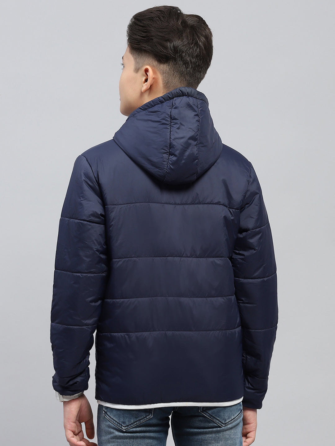 Boys Navy Blue Printed Hooded Full Sleeve Jacket