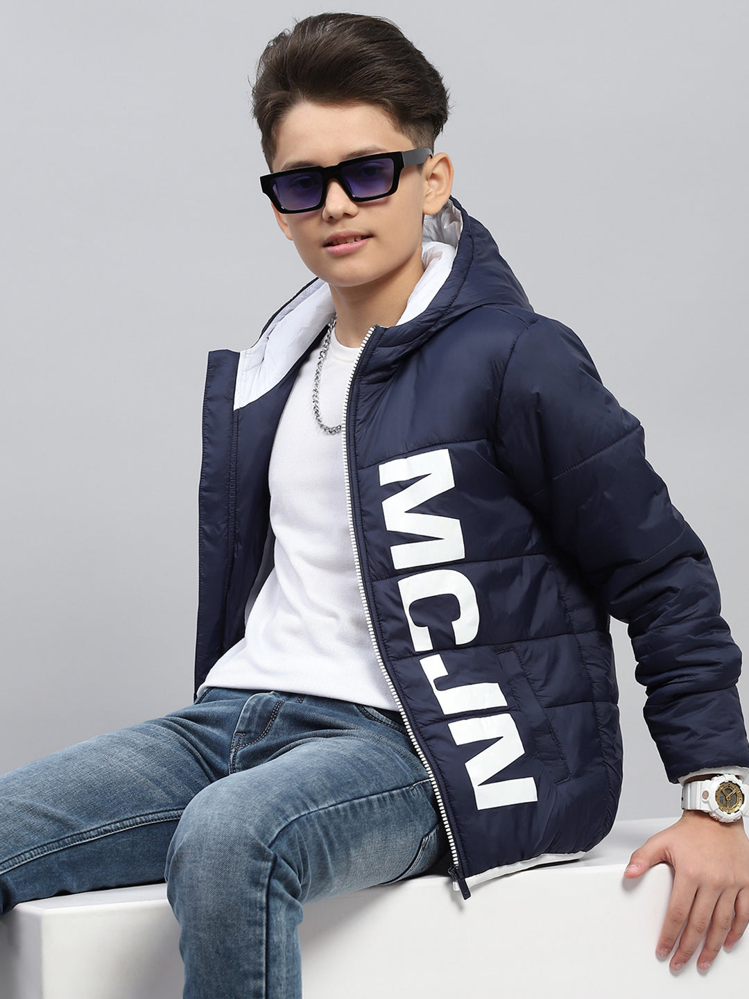 Boys Navy Blue Printed Hooded Full Sleeve Jacket