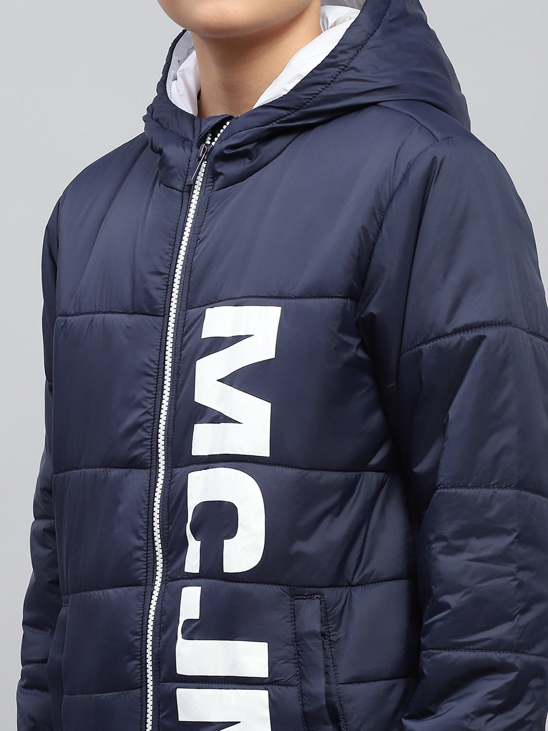 Boys Navy Blue Printed Hooded Full Sleeve Jacket