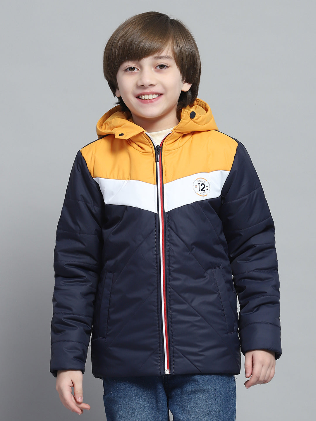 Boys Navy Blue Printed Hooded Full Sleeve Jacket