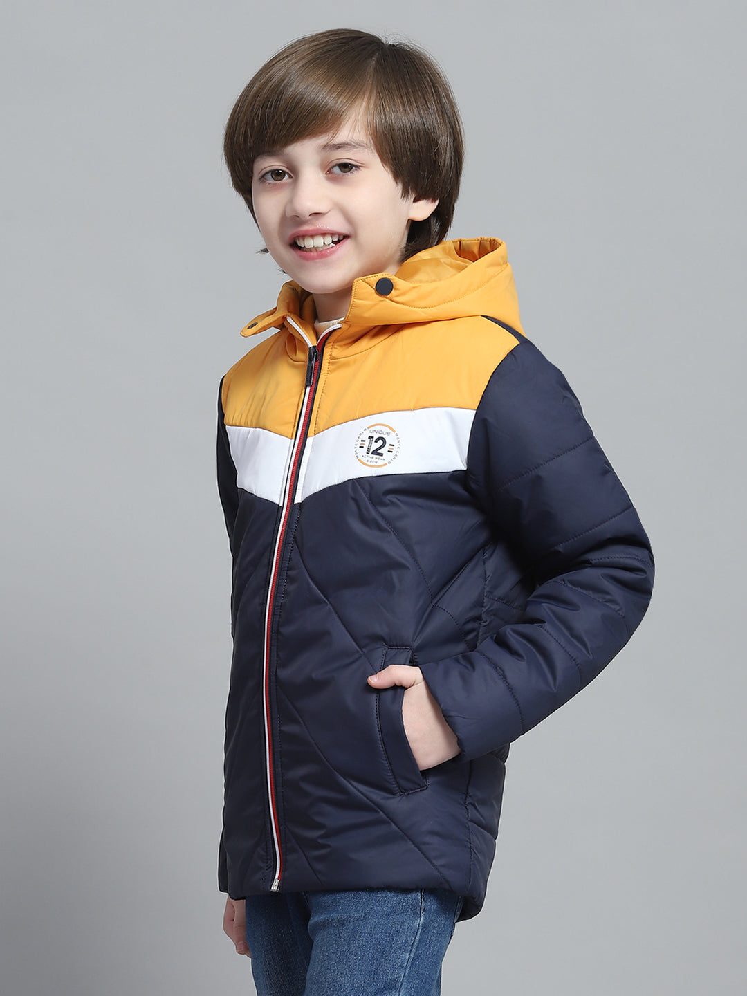 Boys Navy Blue Printed Hooded Full Sleeve Jacket