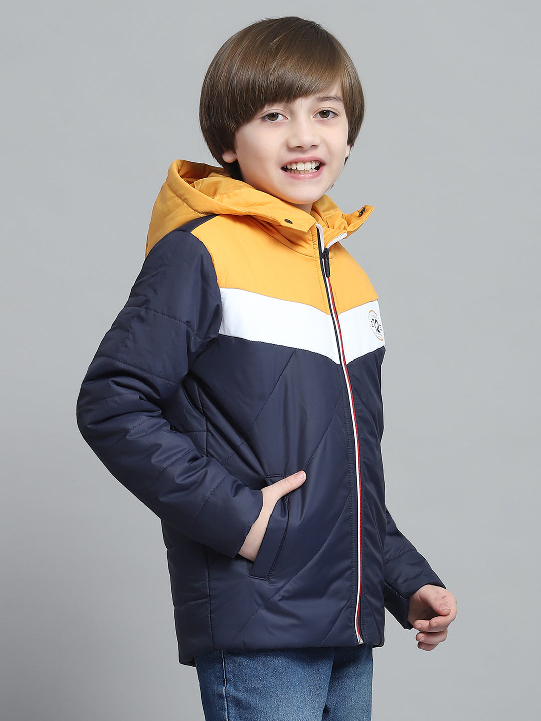 Boys Navy Blue Printed Hooded Full Sleeve Jacket