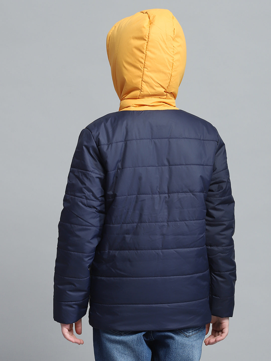 Boys Navy Blue Printed Hooded Full Sleeve Jacket