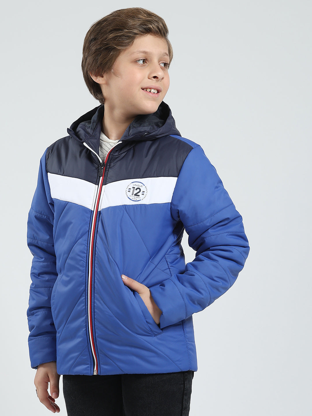 Boys Blue Printed Hooded Full Sleeve Jacket