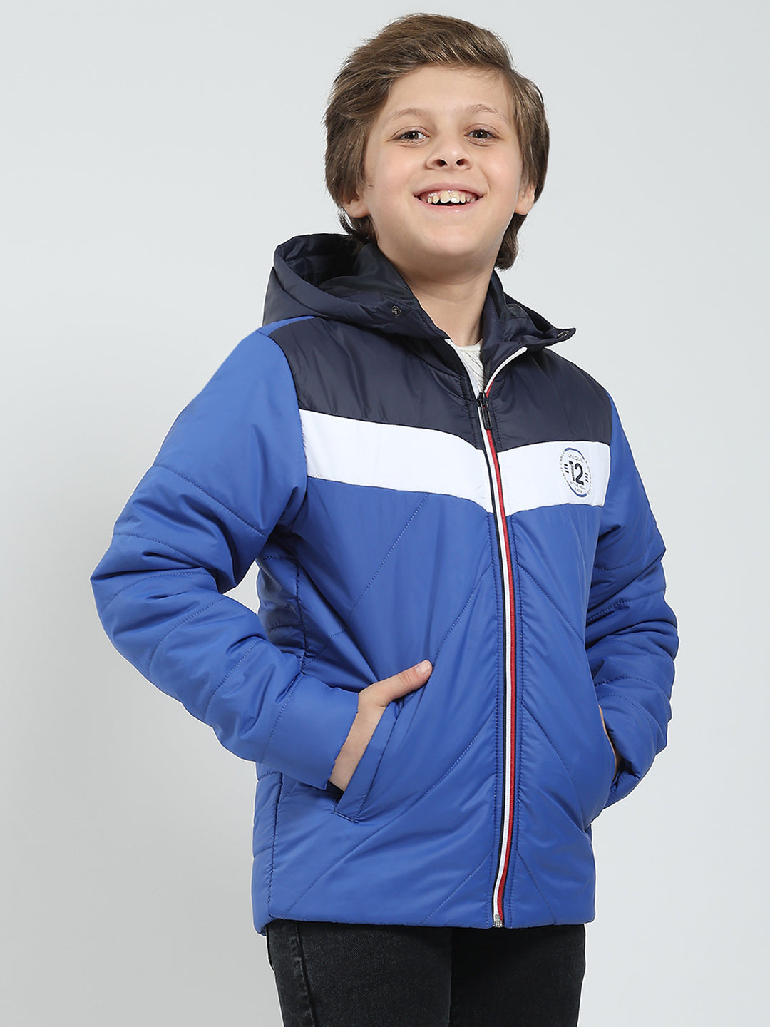 Boys Blue Printed Hooded Full Sleeve Jacket