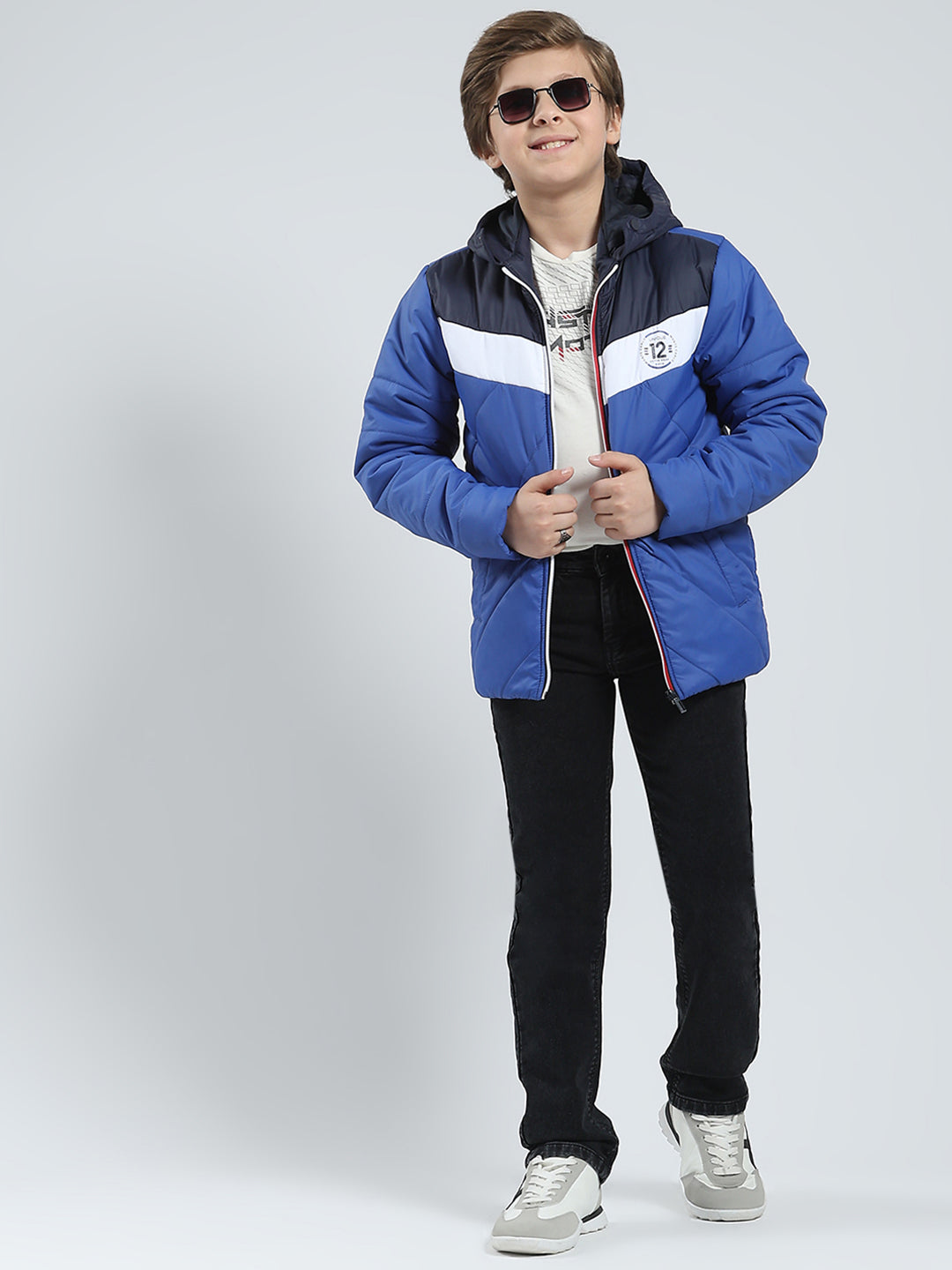 Boys Blue Printed Hooded Full Sleeve Jacket
