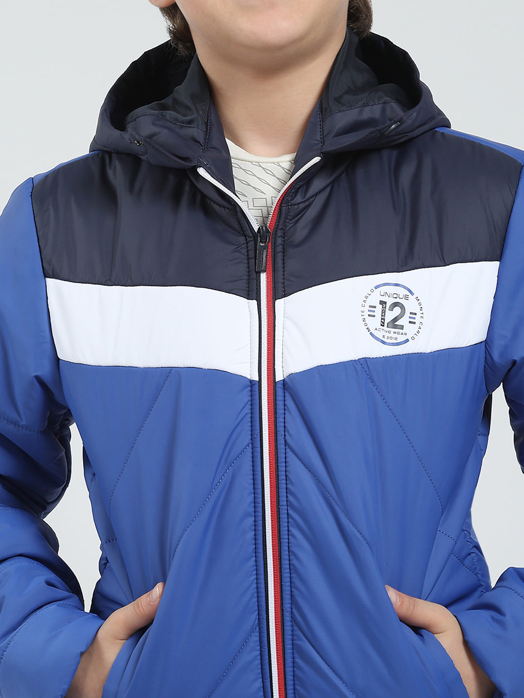 Boys Blue Printed Hooded Full Sleeve Jacket