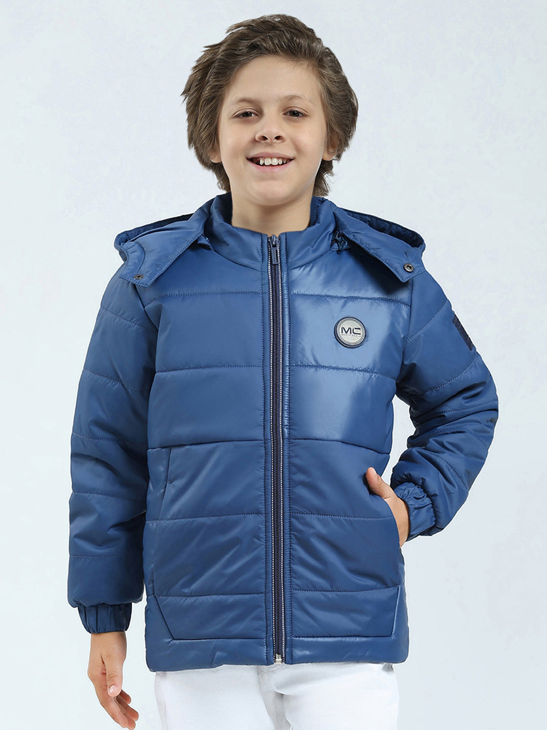Boys Blue Solid Hooded Full Sleeve Jacket