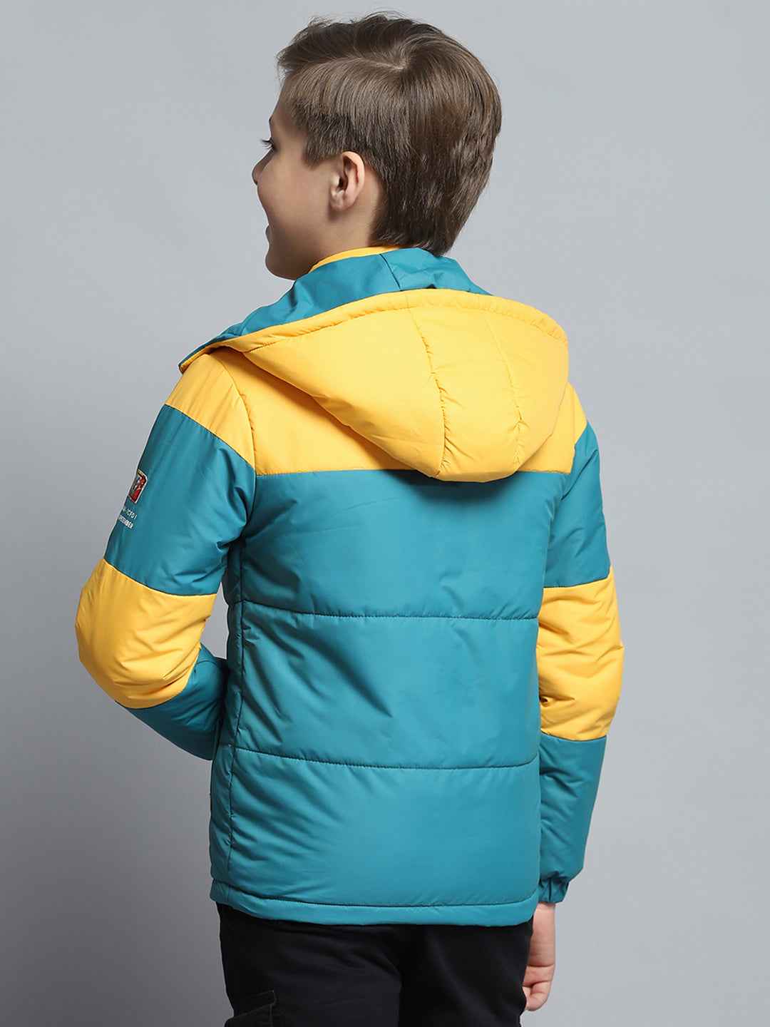 Boys Teal Blue & Yellow Printed Detachable Hood Full Sleeve Jacket