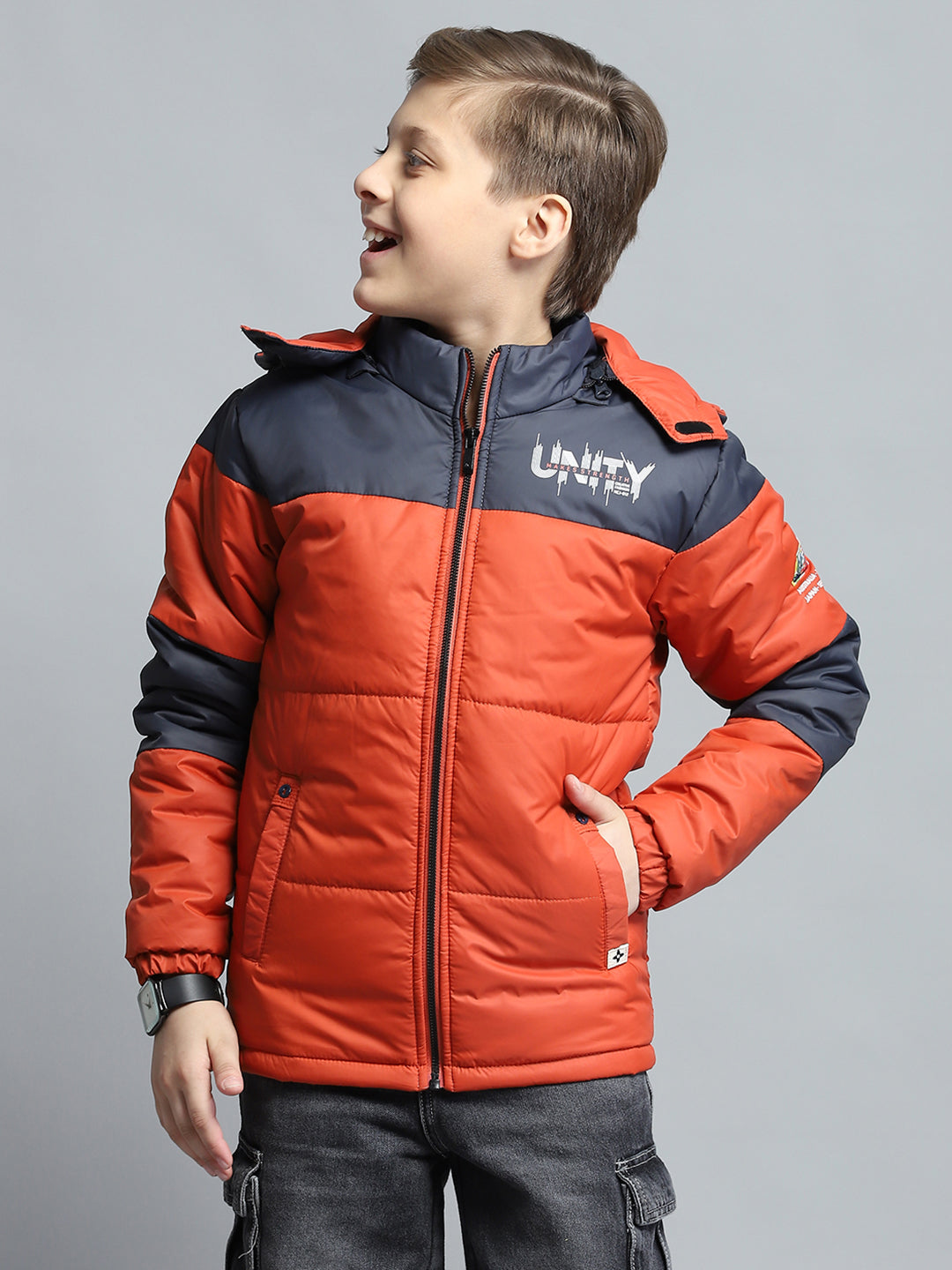 Boys Rust & Navy Blue Printed Detachable Hood Full Sleeve Jacket