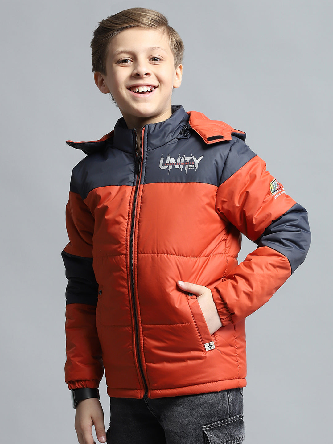 Boys Rust & Navy Blue Printed Detachable Hood Full Sleeve Jacket
