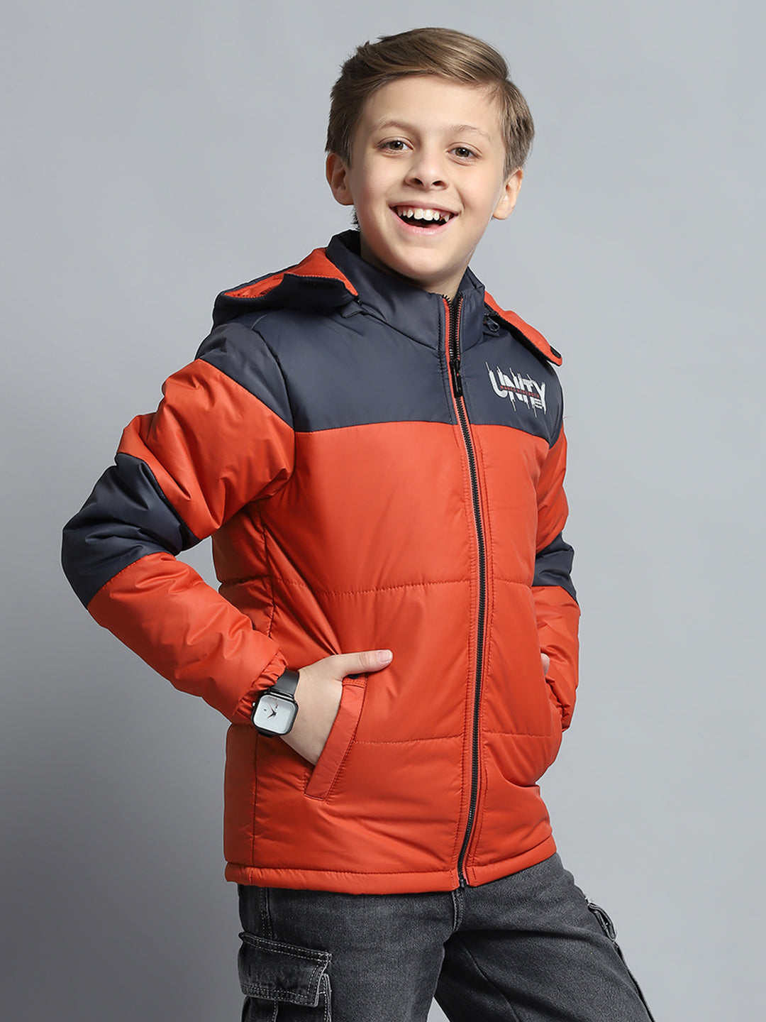 Boys Rust & Navy Blue Printed Detachable Hood Full Sleeve Jacket