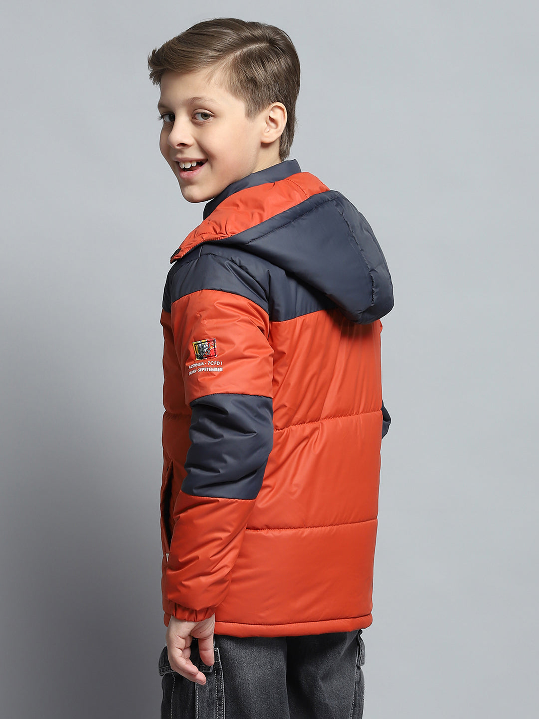 Boys Rust & Navy Blue Printed Detachable Hood Full Sleeve Jacket