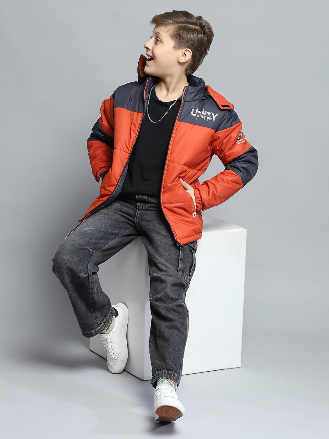 Boys Rust & Navy Blue Printed Detachable Hood Full Sleeve Jacket