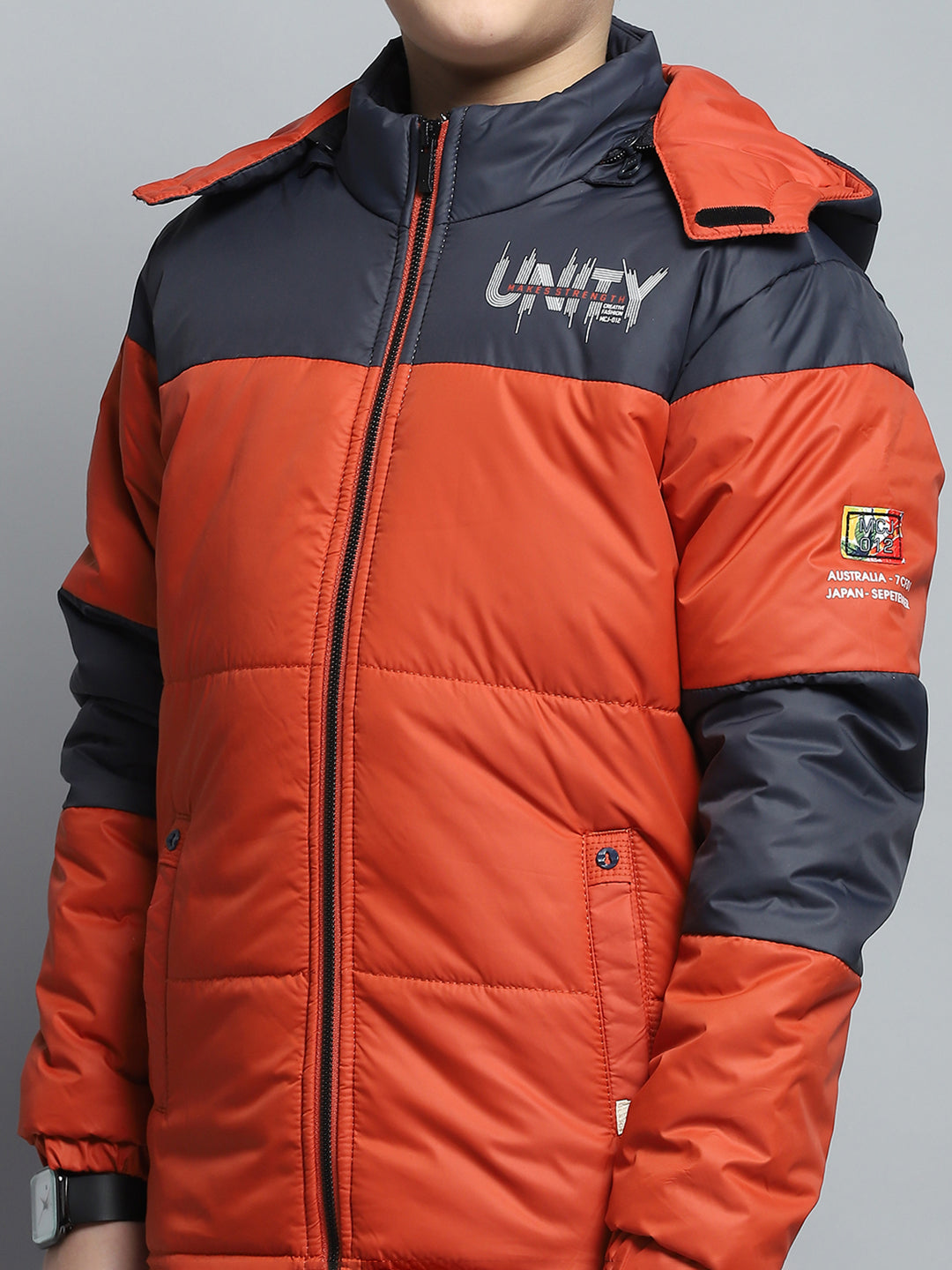 Boys Rust & Navy Blue Printed Detachable Hood Full Sleeve Jacket