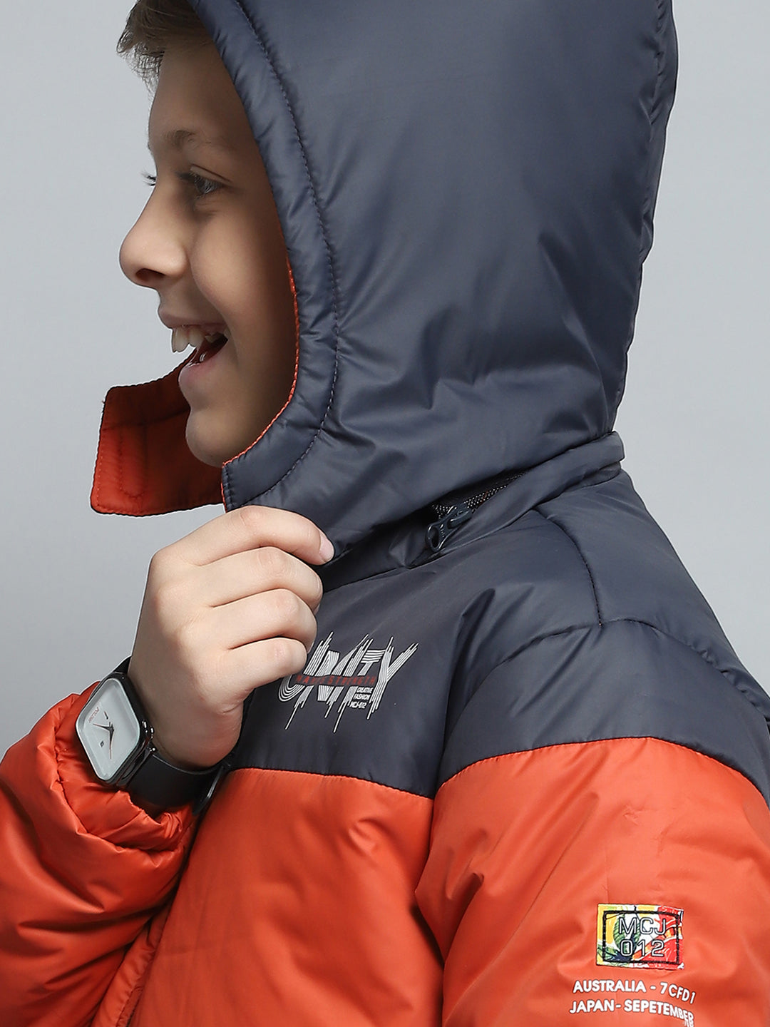 Boys Rust & Navy Blue Printed Detachable Hood Full Sleeve Jacket