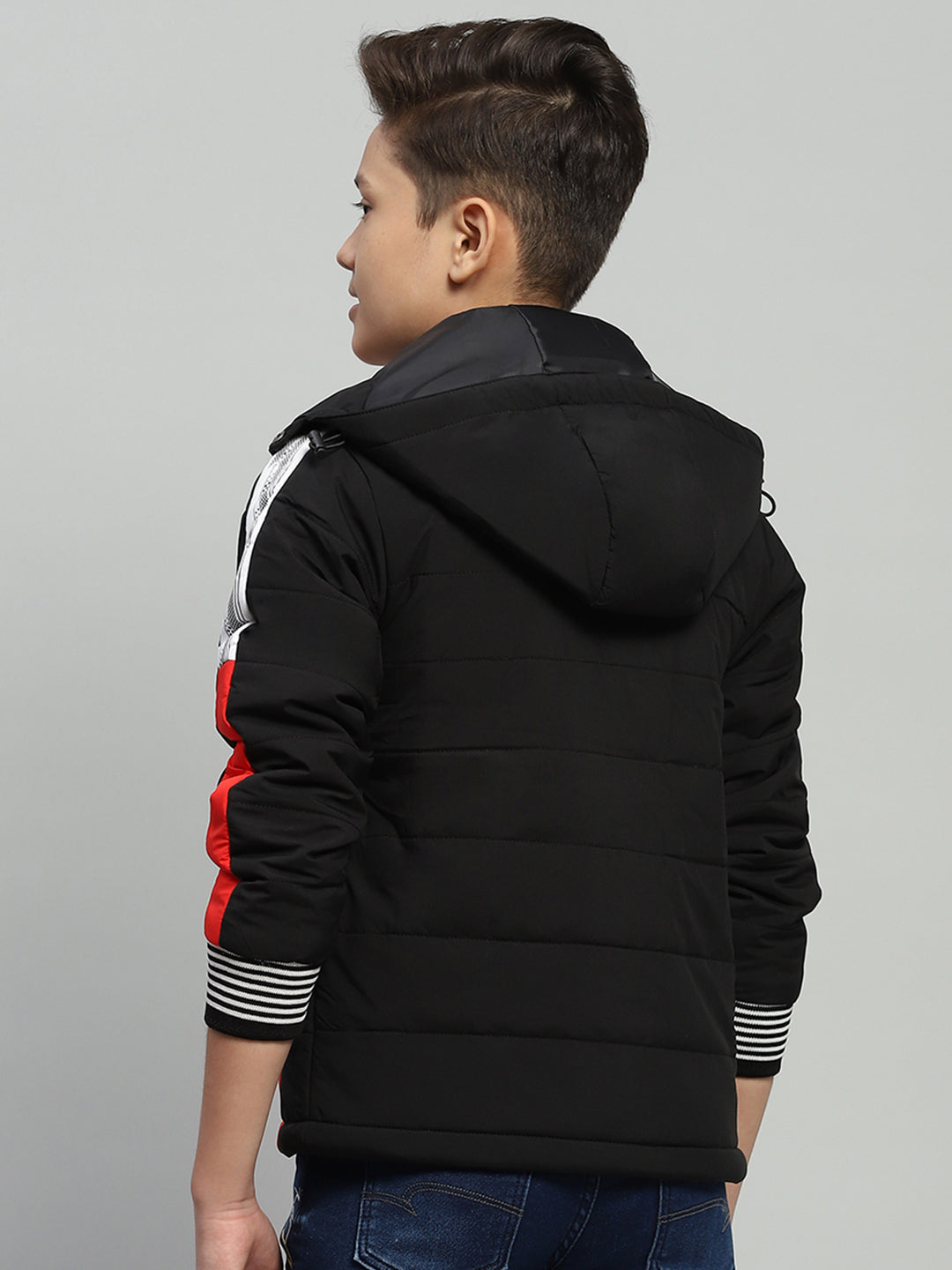 Boys Red Solid Hooded Full Sleeve Jacket