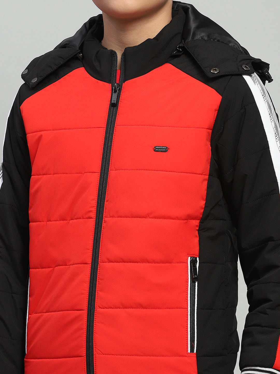 Boys Red Solid Hooded Full Sleeve Jacket