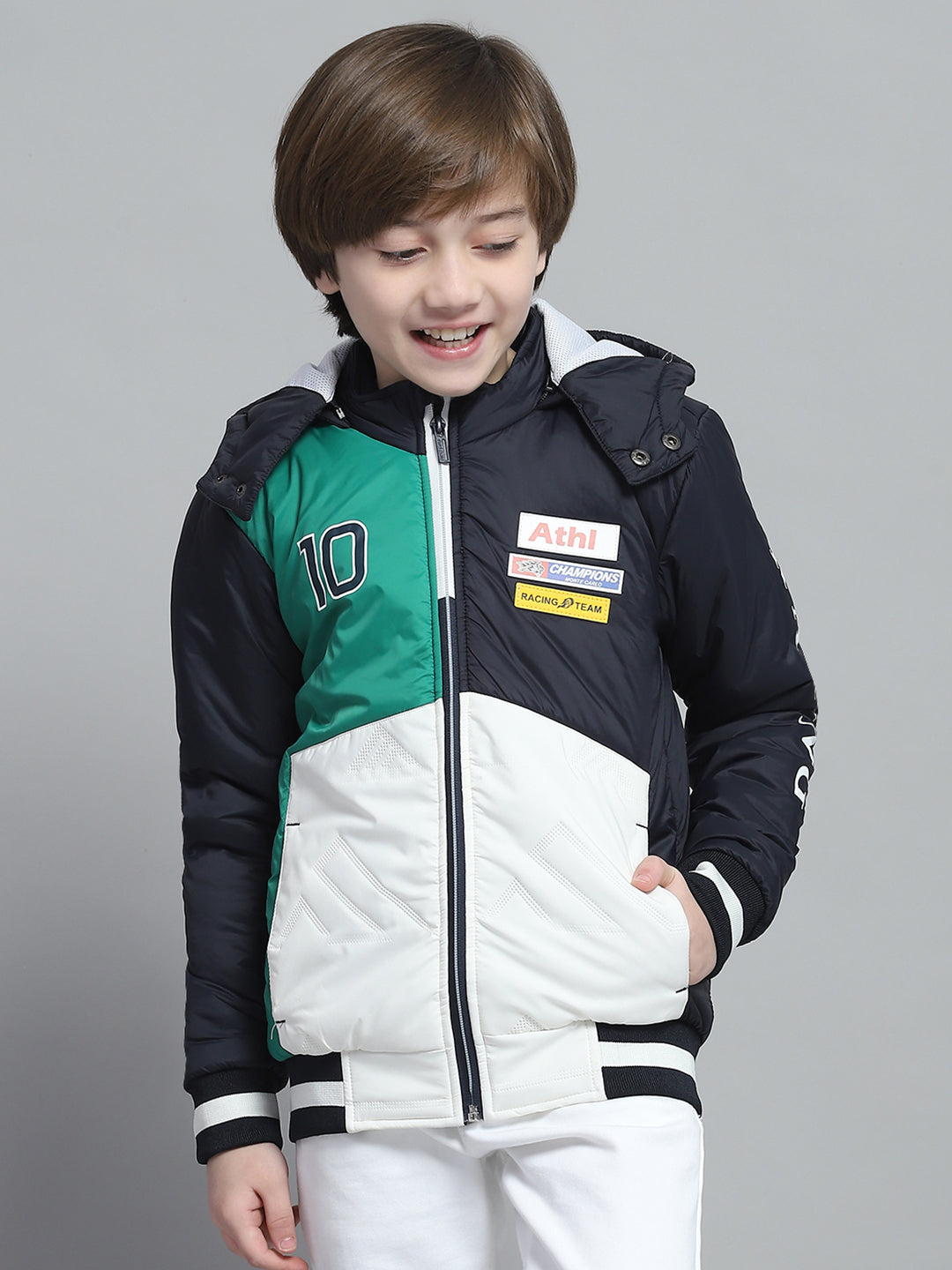 Boys Navy Blue Printed Hooded Full Sleeve Jacket