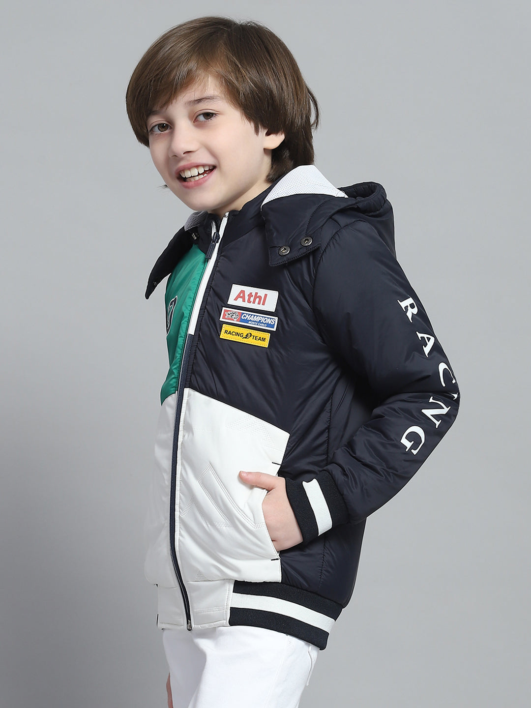 Boys Navy Blue Printed Hooded Full Sleeve Jacket