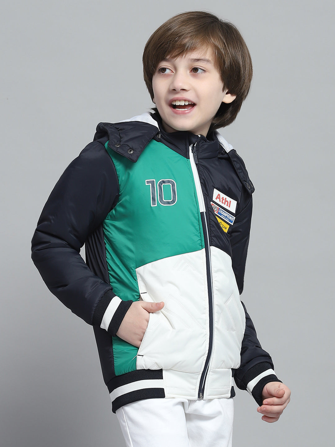 Boys Navy Blue Printed Hooded Full Sleeve Jacket