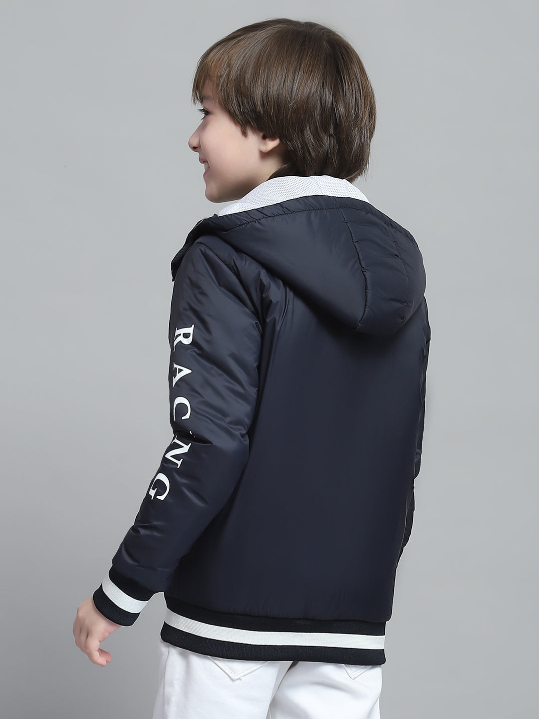 Boys Navy Blue Printed Hooded Full Sleeve Jacket