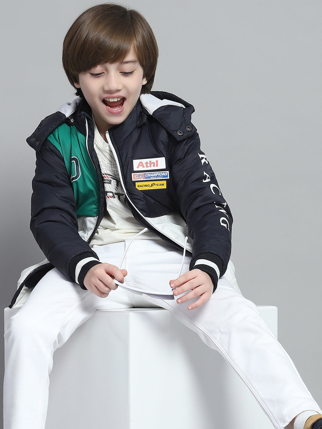 Boys Navy Blue Printed Hooded Full Sleeve Jacket