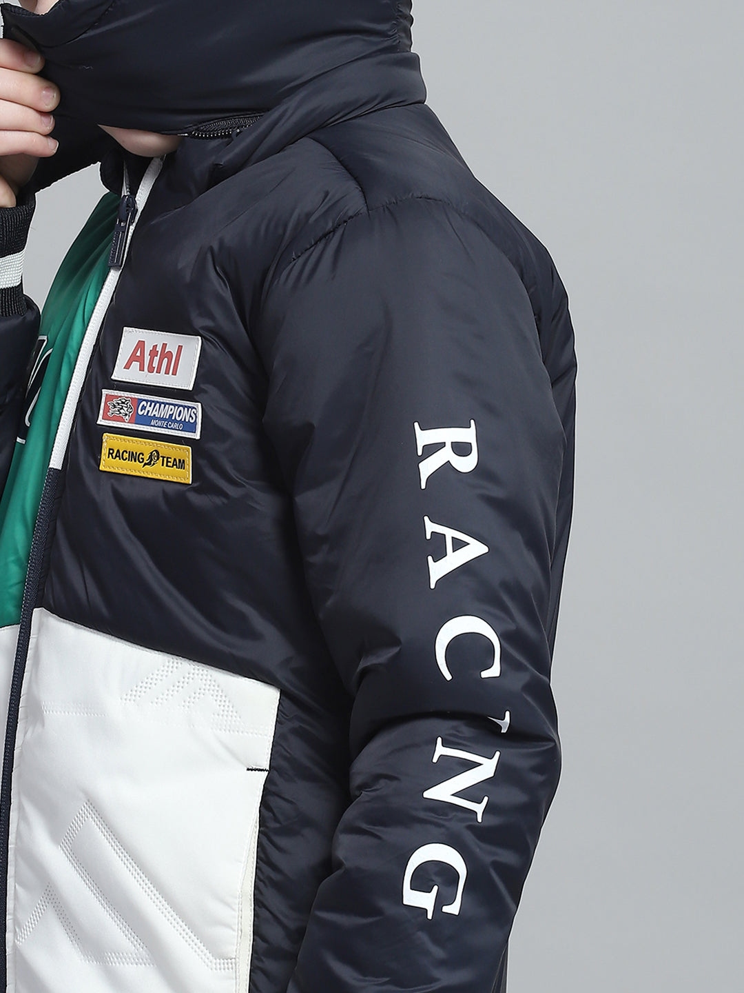 Boys Navy Blue Printed Hooded Full Sleeve Jacket