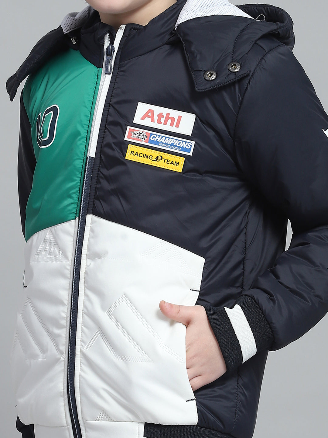 Boys Navy Blue Printed Hooded Full Sleeve Jacket