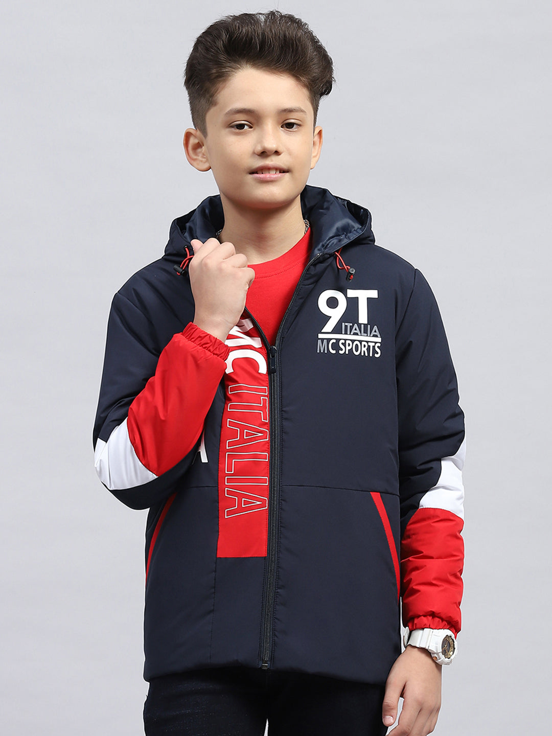 Boys Navy Blue Printed Hooded Full Sleeve Jacket