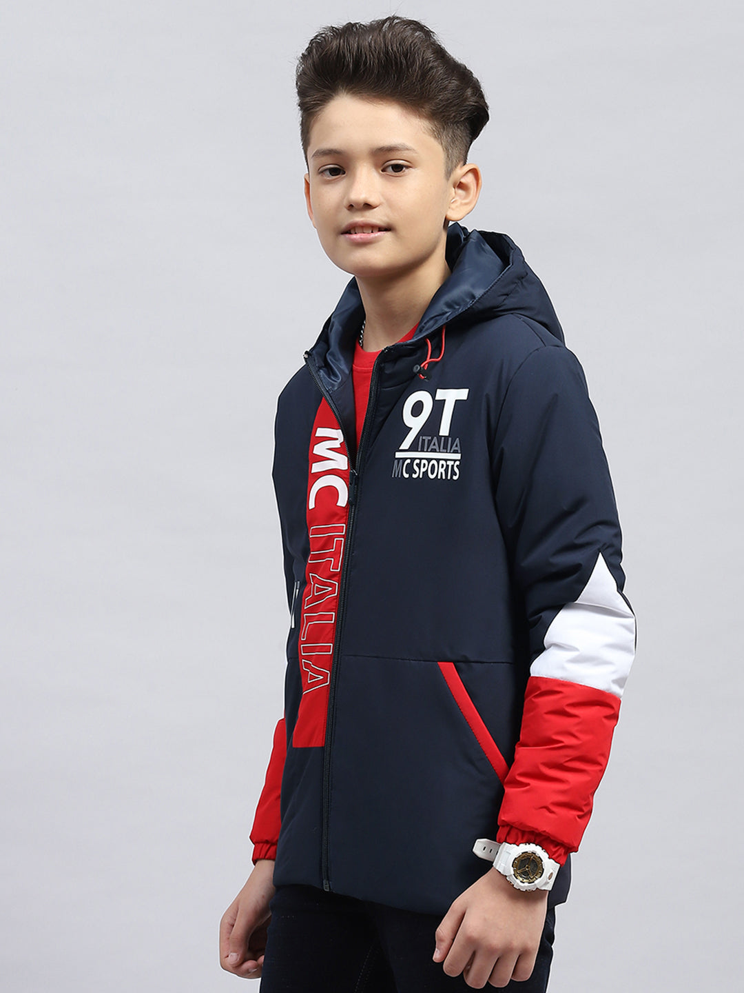 Boys Navy Blue Printed Hooded Full Sleeve Jacket