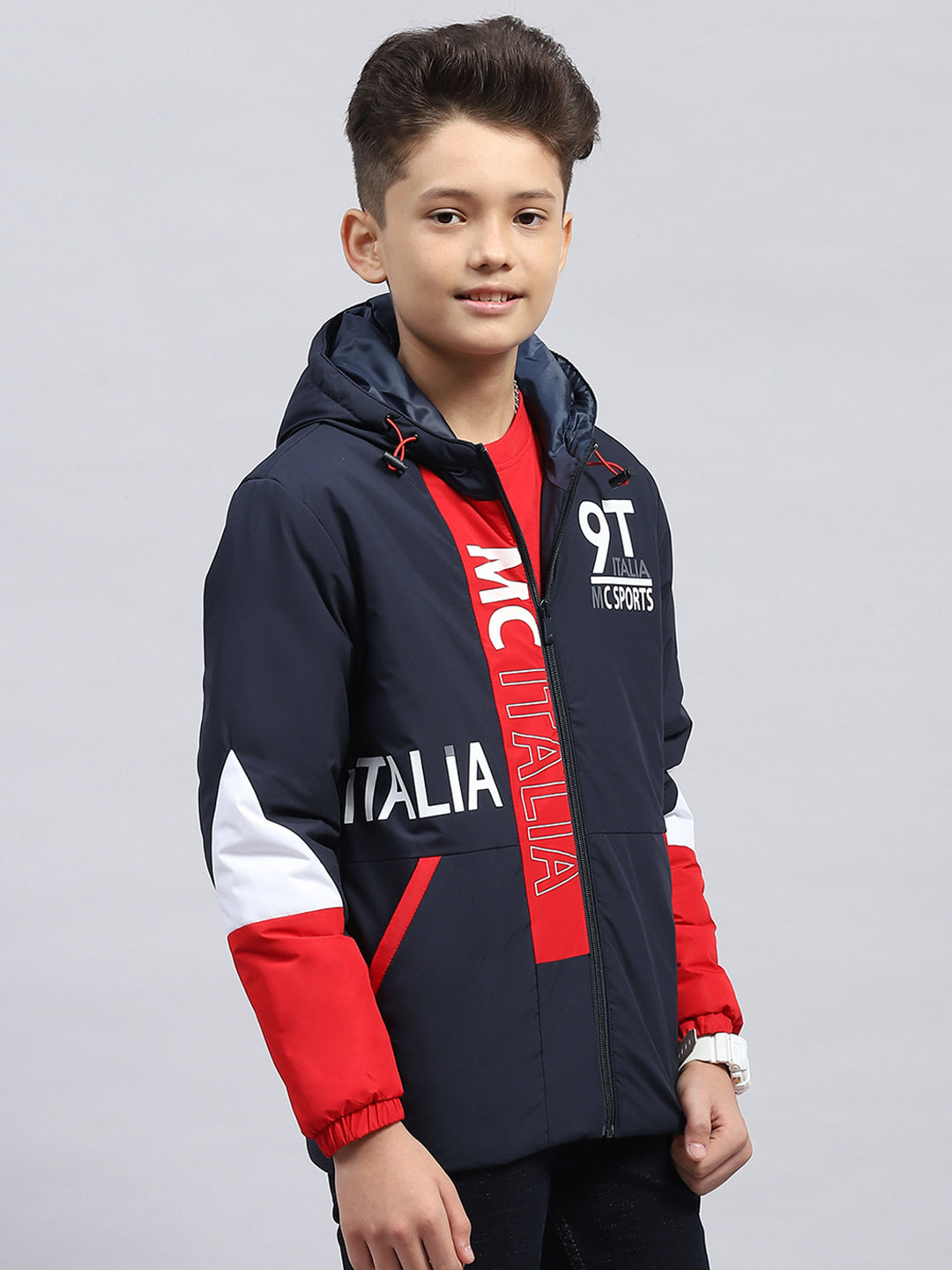 Boys Navy Blue Printed Hooded Full Sleeve Jacket