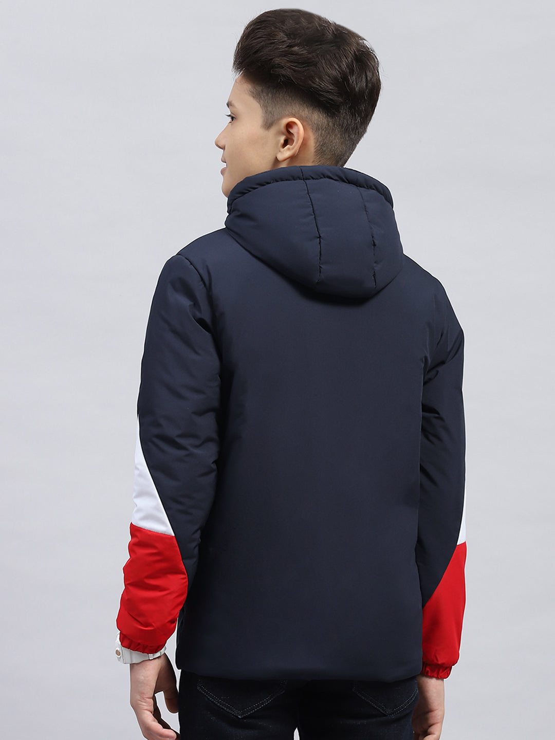 Boys Navy Blue Printed Hooded Full Sleeve Jacket