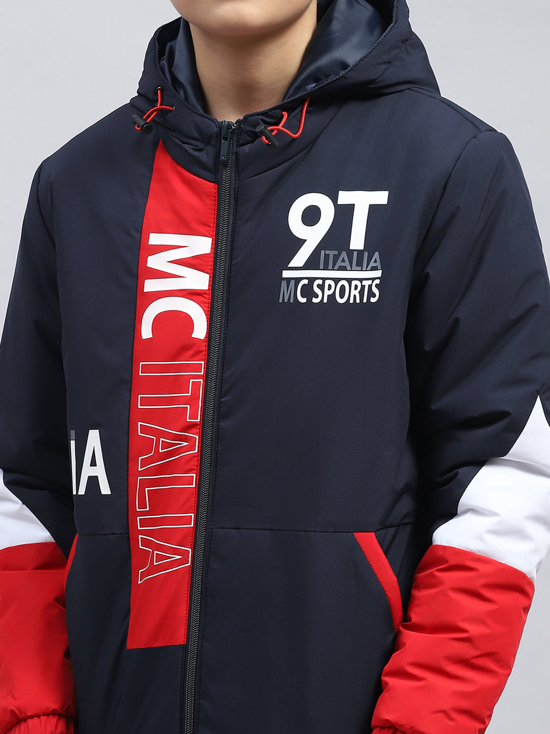 Boys Navy Blue Printed Hooded Full Sleeve Jacket