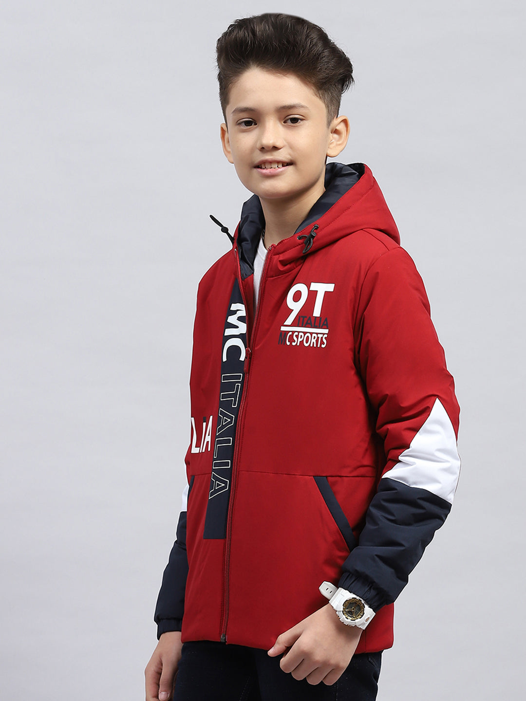 Boys Maroon Printed Hooded Full Sleeve Jacket