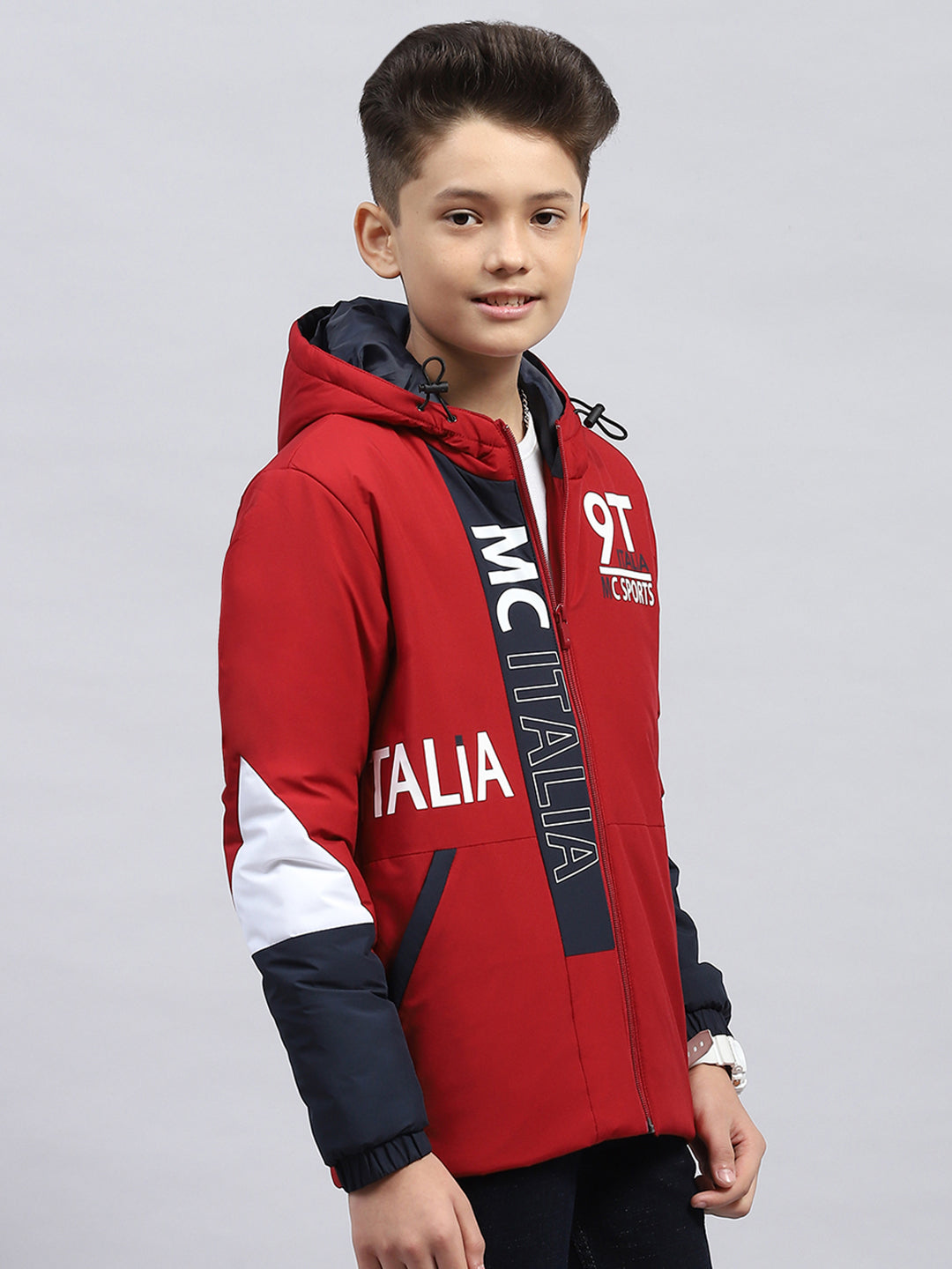 Boys Maroon Printed Hooded Full Sleeve Jacket