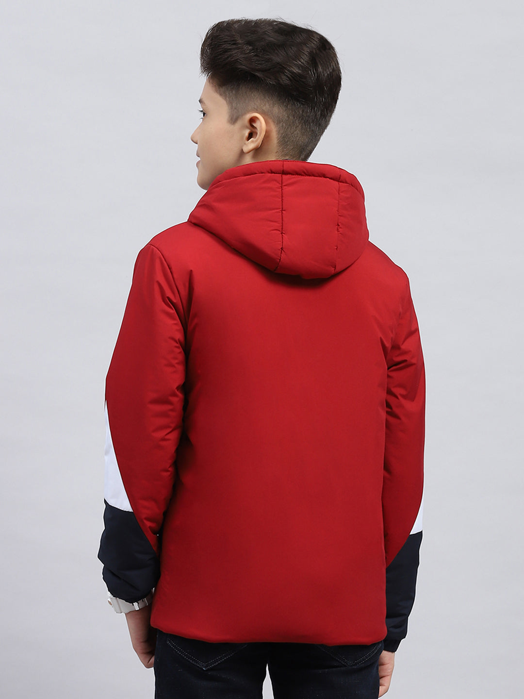 Boys Maroon Printed Hooded Full Sleeve Jacket
