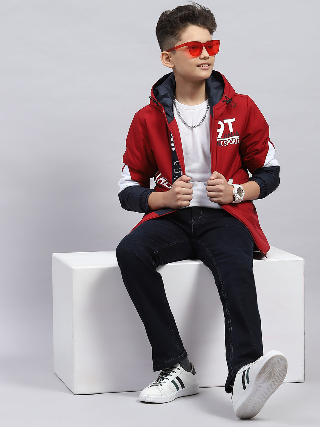 Boys Maroon Printed Hooded Full Sleeve Jacket