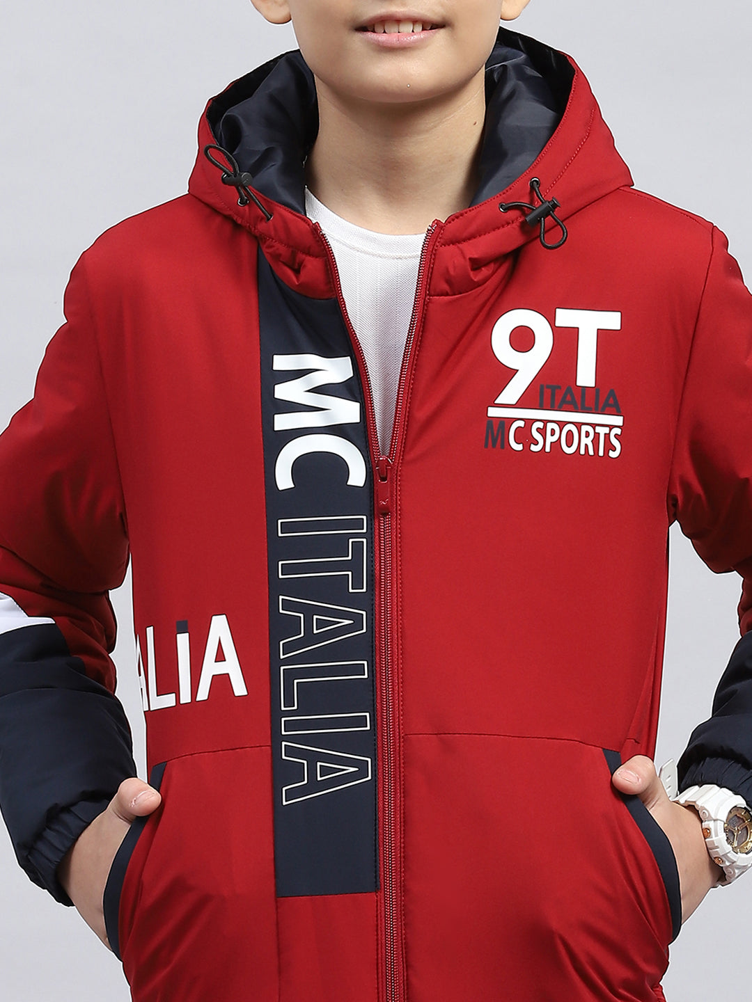 Boys Maroon Printed Hooded Full Sleeve Jacket