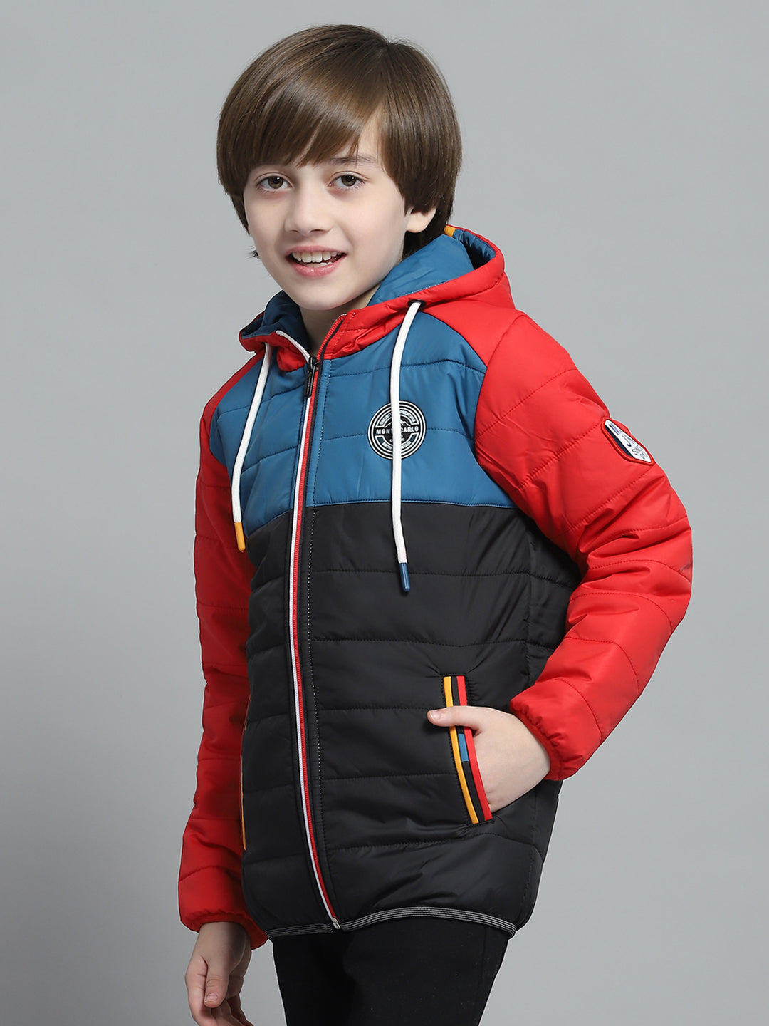 Boys Black & Red Solid Hooded Full Sleeve Jacket