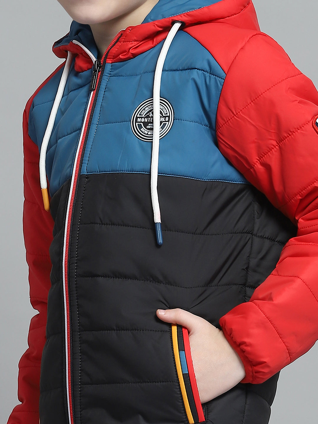 Boys Black & Red Solid Hooded Full Sleeve Jacket